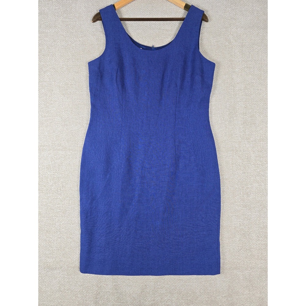NY sake Womens Royal Blue 100% Linen Sleeveless Sheath Dress Sz 12 Midi Romania